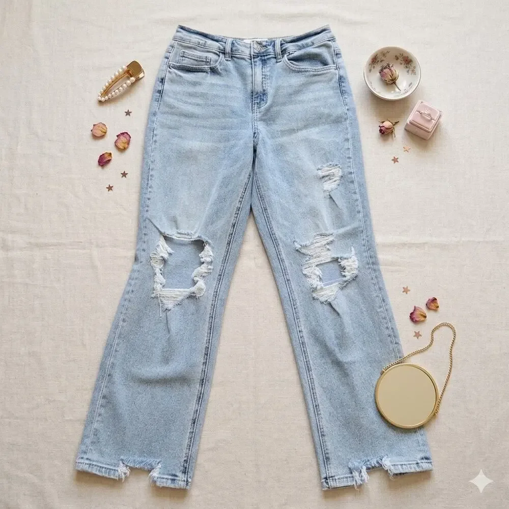 Vervet Blue Distressed Crop Wide Leg Jeans‎ Size 27 High Rise Step Hem